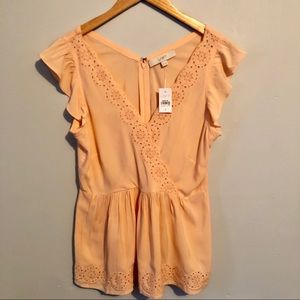 NWT LOFT Pink Flutter Sleeve Embroidered Blouse 2